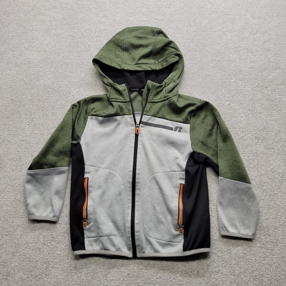 Russell Boys Medium 8 Dri-Power Fleece Full Zip Hooded Jacket Green Gray